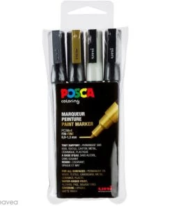 Grosses soldes 👏 Marqueur Posca Coffret De Feutres Posca PC-3M - Pointe Conique Fine - Or, Argent, Noir Et Blanc - 4 Pcs 💯