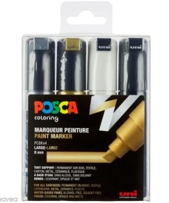 Bon marché 🎉 Marqueur Posca Coffret De Feutres Posca PC-8K - Pointe Biseautée Large - Or, Argent, Noir & Blanc - 4 Pcs 😉